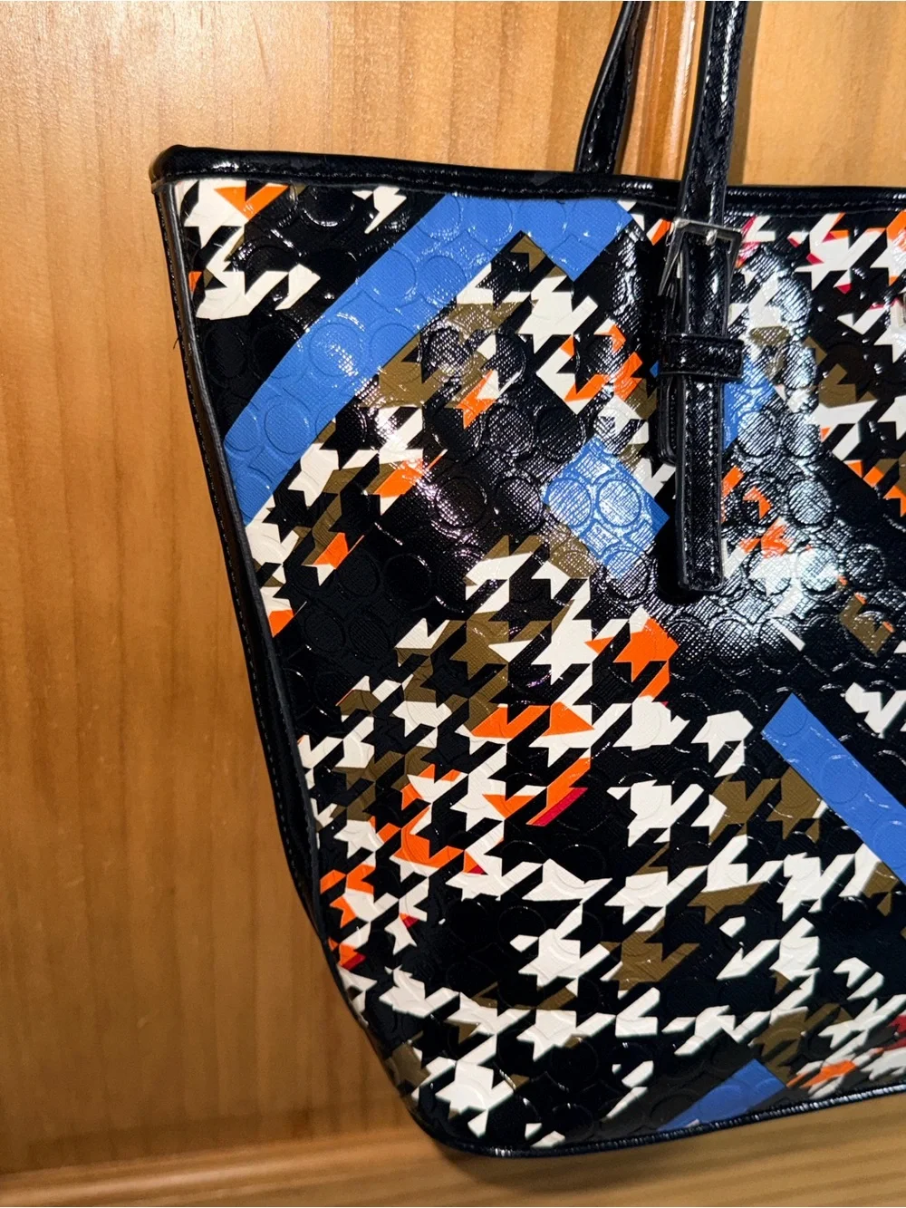 Nine West Black Patent Houndstooth Tote with Blue & Orange Accents & ID Wallet